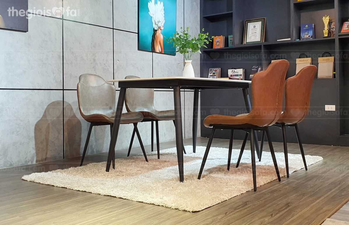 Bàn ăn Vibe white – mặt đá chân sắt tĩnh điện