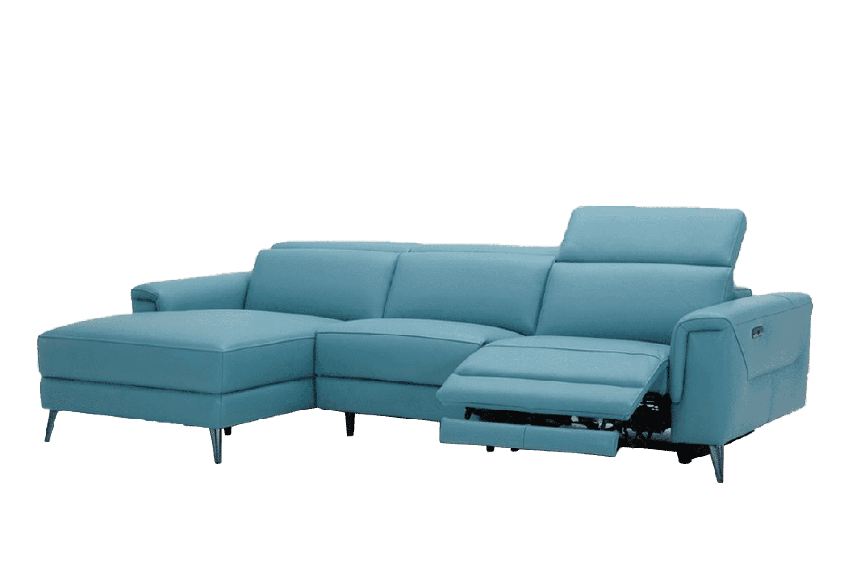 Sofa Góc phải Kuka KM.5160 chỉnh điện da bò thật tiếp xúc màu xanh dương đậm 282x106/168x78/104