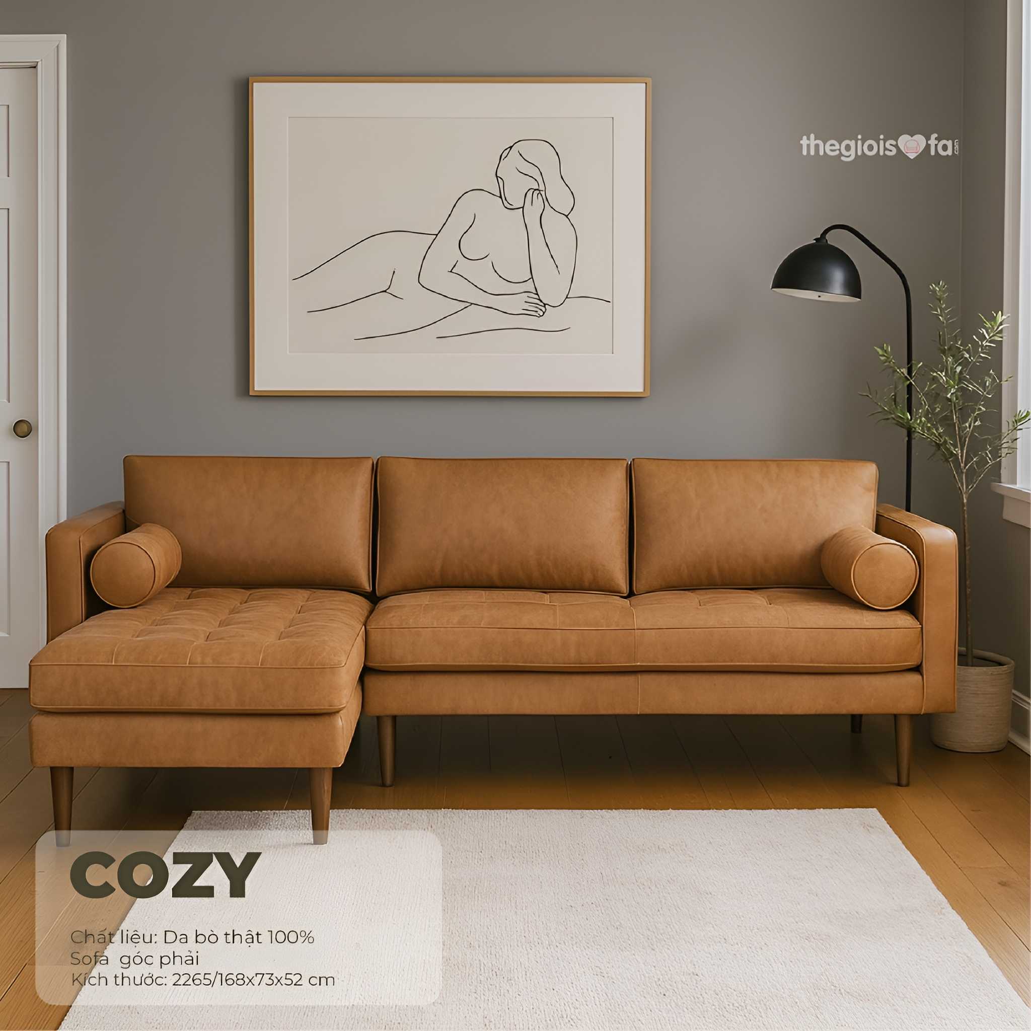 Sofa Góc trái Sofaland COZY da bò thật 100% màu da bò 265/168*73*52