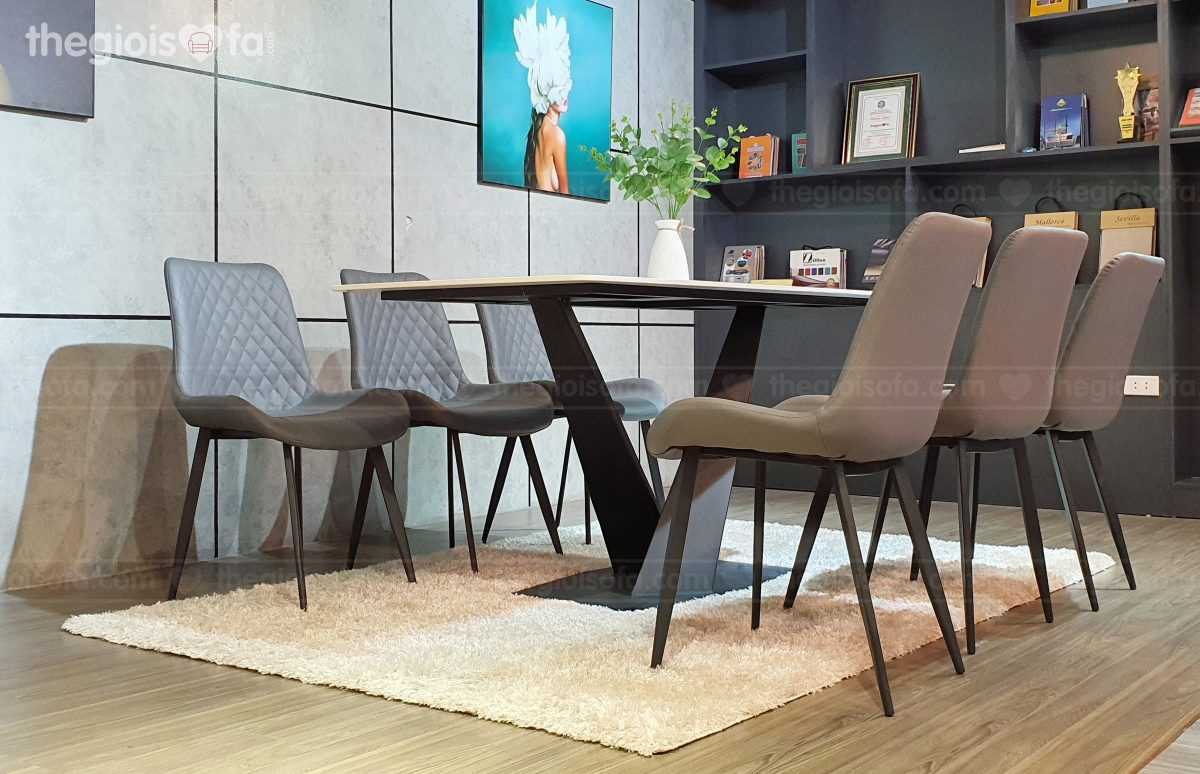 Bộ bàn ăn 6 ghế Carrera – Bàn mặt đá Ceramic, chân sắt tĩnh điện