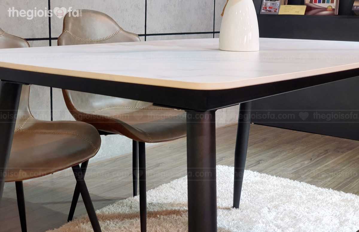 Bàn ăn Vibe white – mặt đá chân sắt tĩnh điện