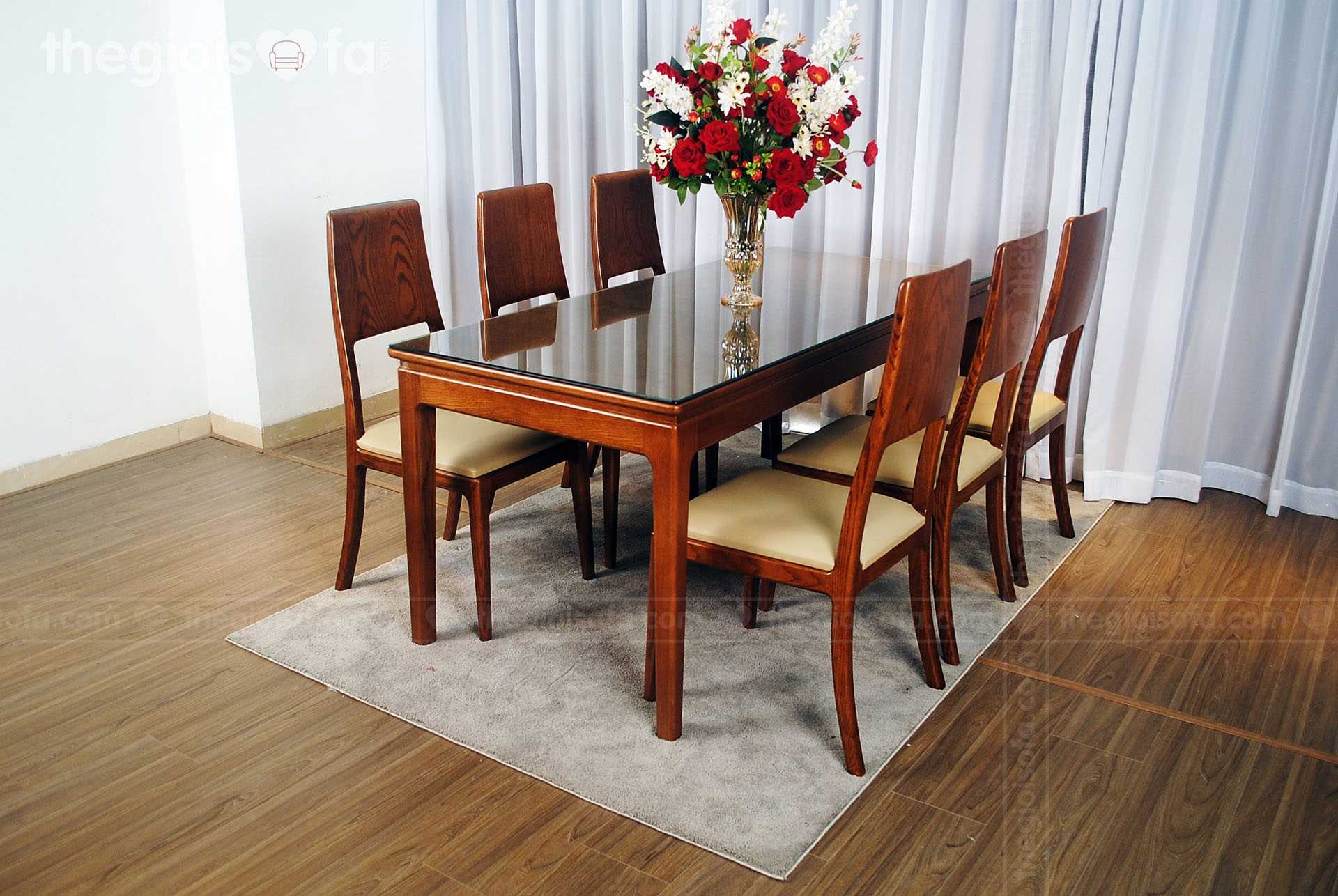 Bộ bàn ăn 6 ghế gỗ Sồi Greenwood – mặt kính cao cấp