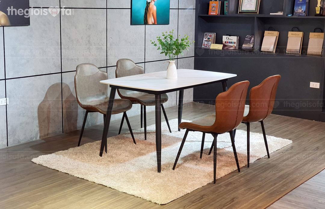 Bàn ăn Vibe white – mặt đá chân sắt tĩnh điện