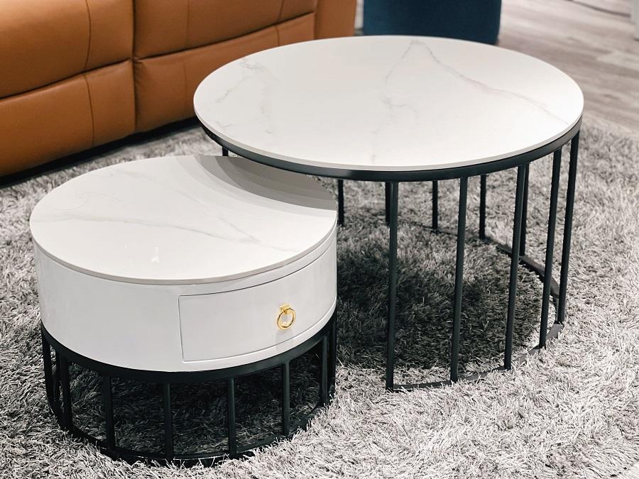 Bàn trà Halo white tròn chân đen sơn tĩnh điện