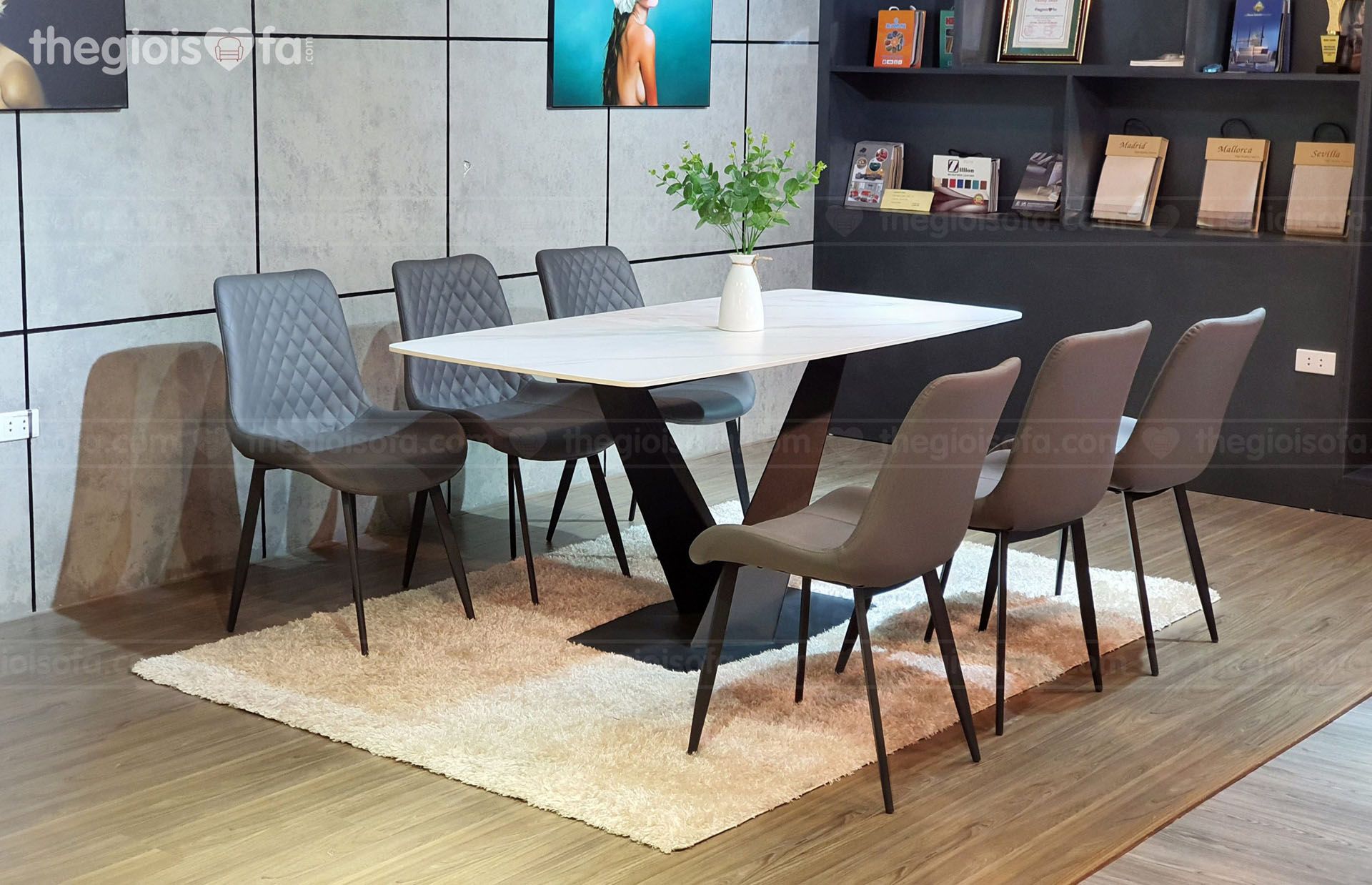 Bộ bàn ăn 6 ghế Carrera – Bàn mặt đá Ceramic, chân sắt tĩnh điện