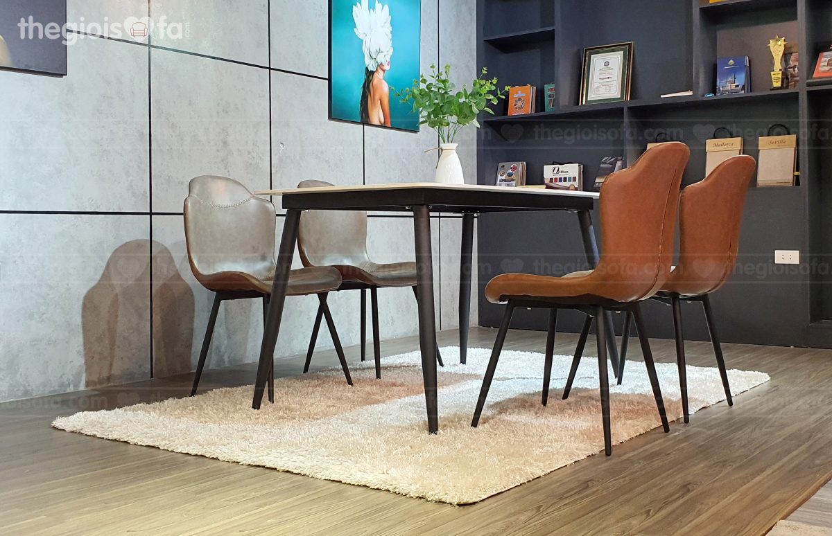Bàn ăn Vibe white – mặt đá chân sắt tĩnh điện