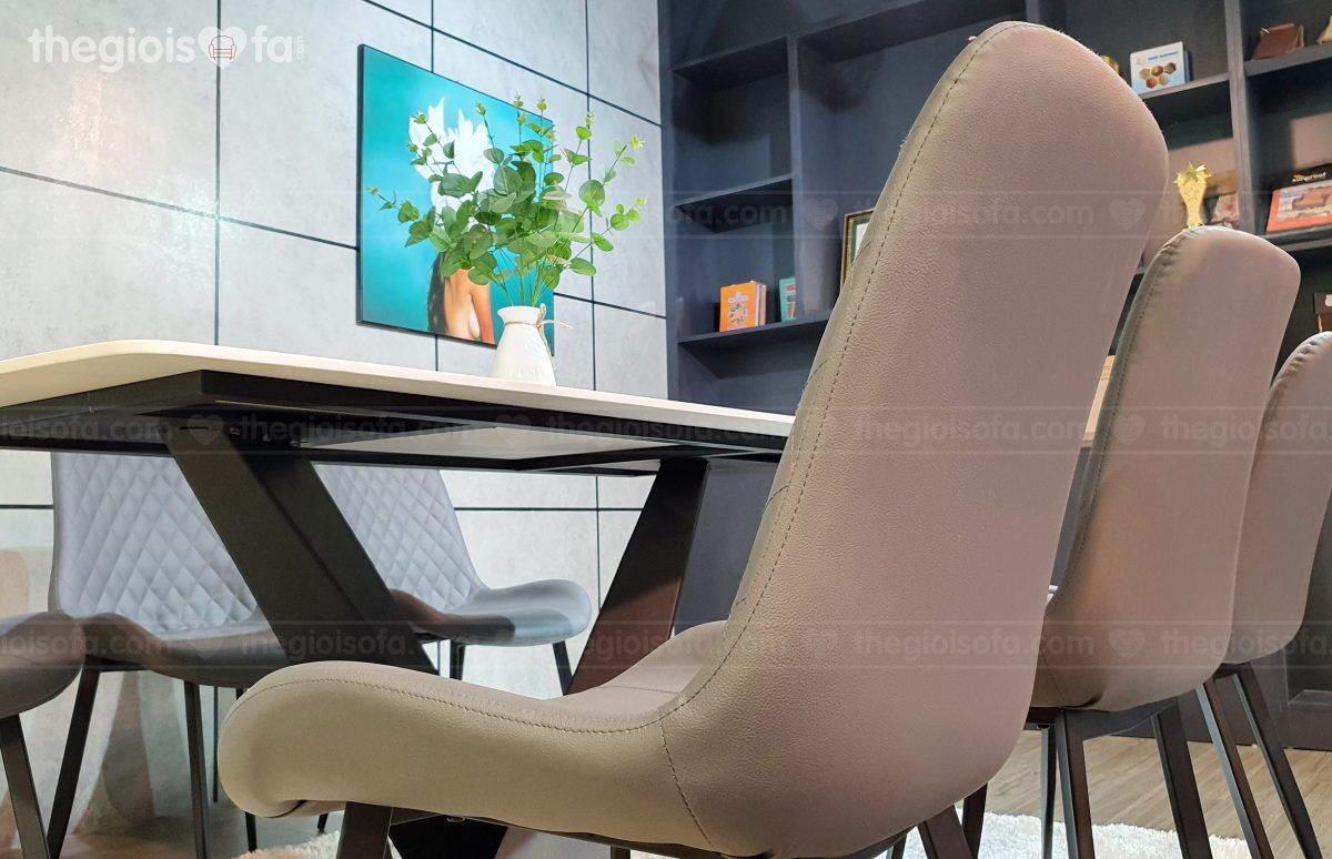 Bộ bàn ăn 6 ghế Carrera – Bàn mặt đá Ceramic, chân sắt tĩnh điện