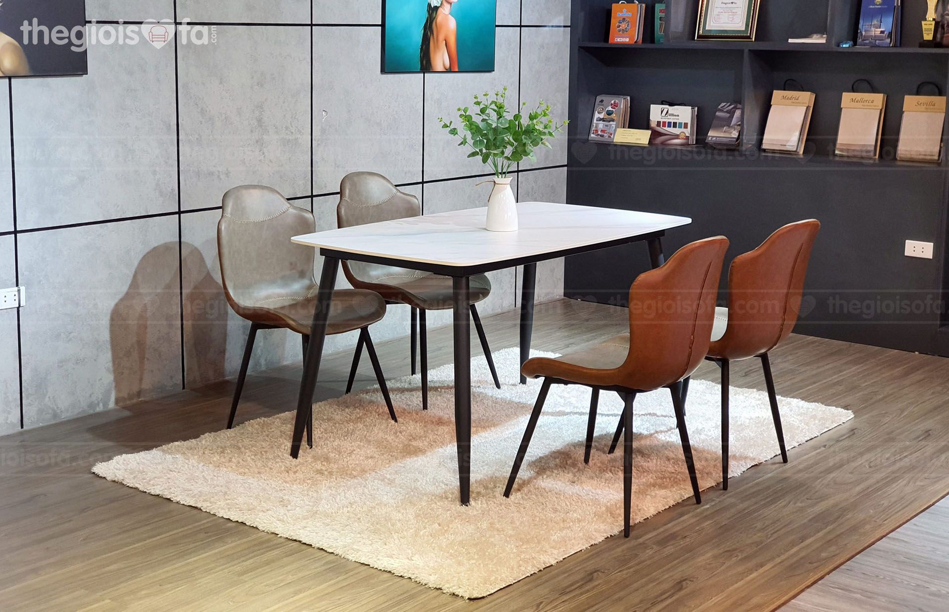 Bàn ăn Vibe white – mặt đá chân sắt tĩnh điện