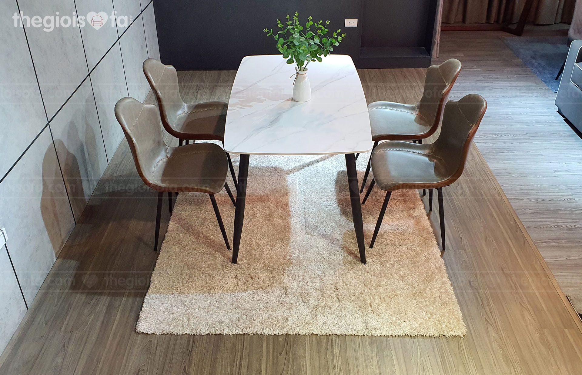 Bàn ăn Vibe white – mặt đá chân sắt tĩnh điện