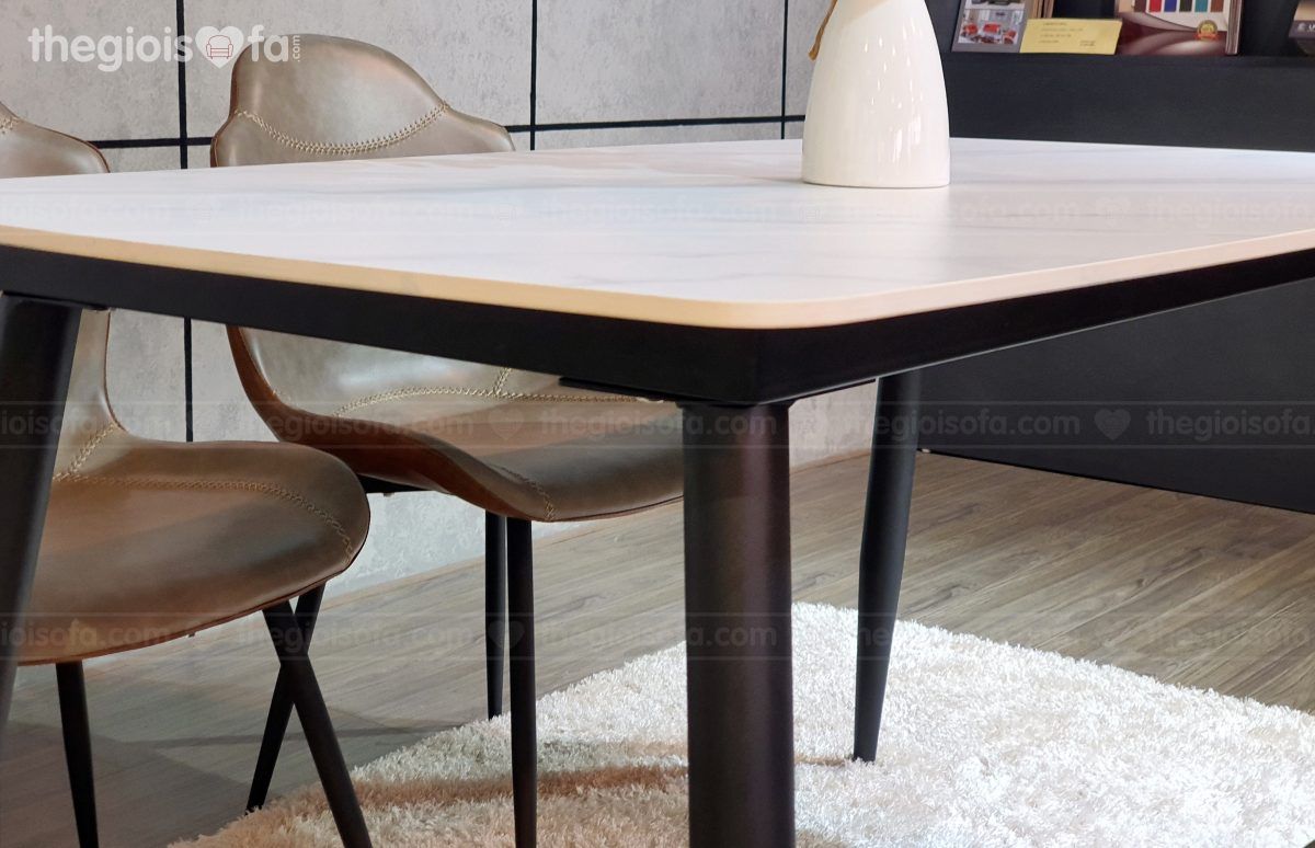 Bàn ăn Vibe white – mặt đá chân sắt tĩnh điện
