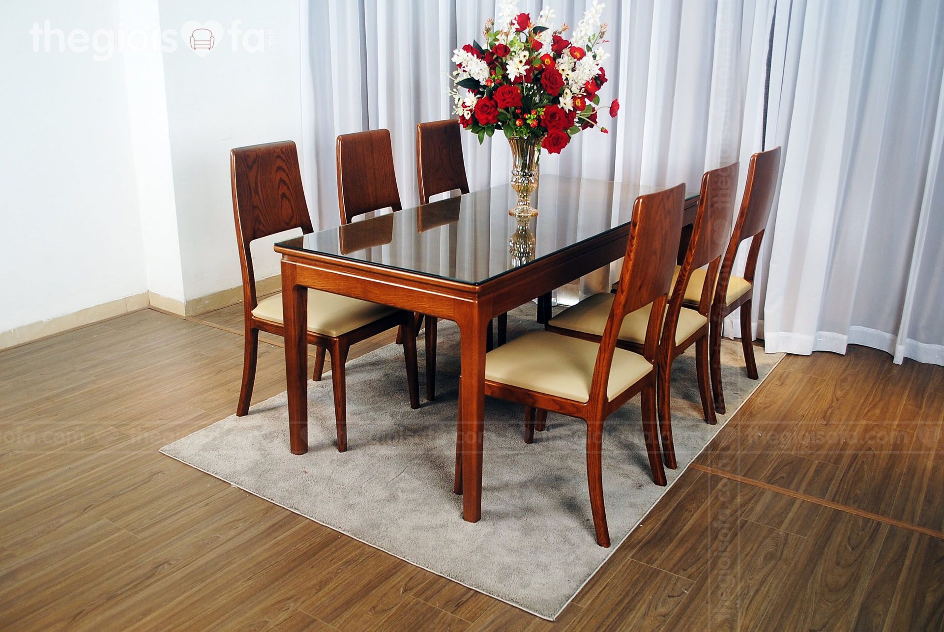Bộ bàn ăn 6 ghế gỗ Sồi Greenwood – mặt kính cao cấp