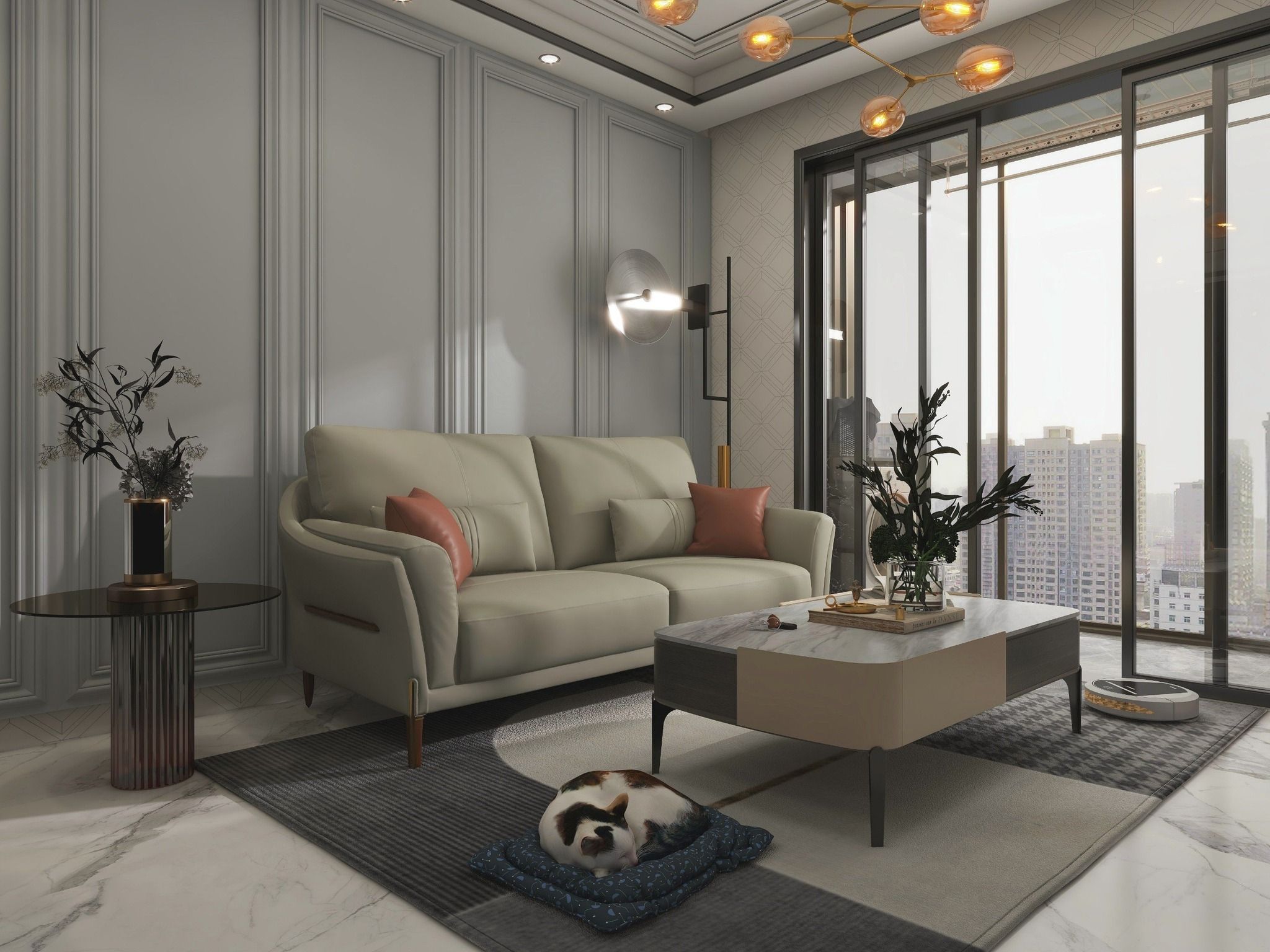 Sofa Văng Kuka 8159 da bò thật tiếp xúc màu ghi nhạt (O7805) 218x99x62