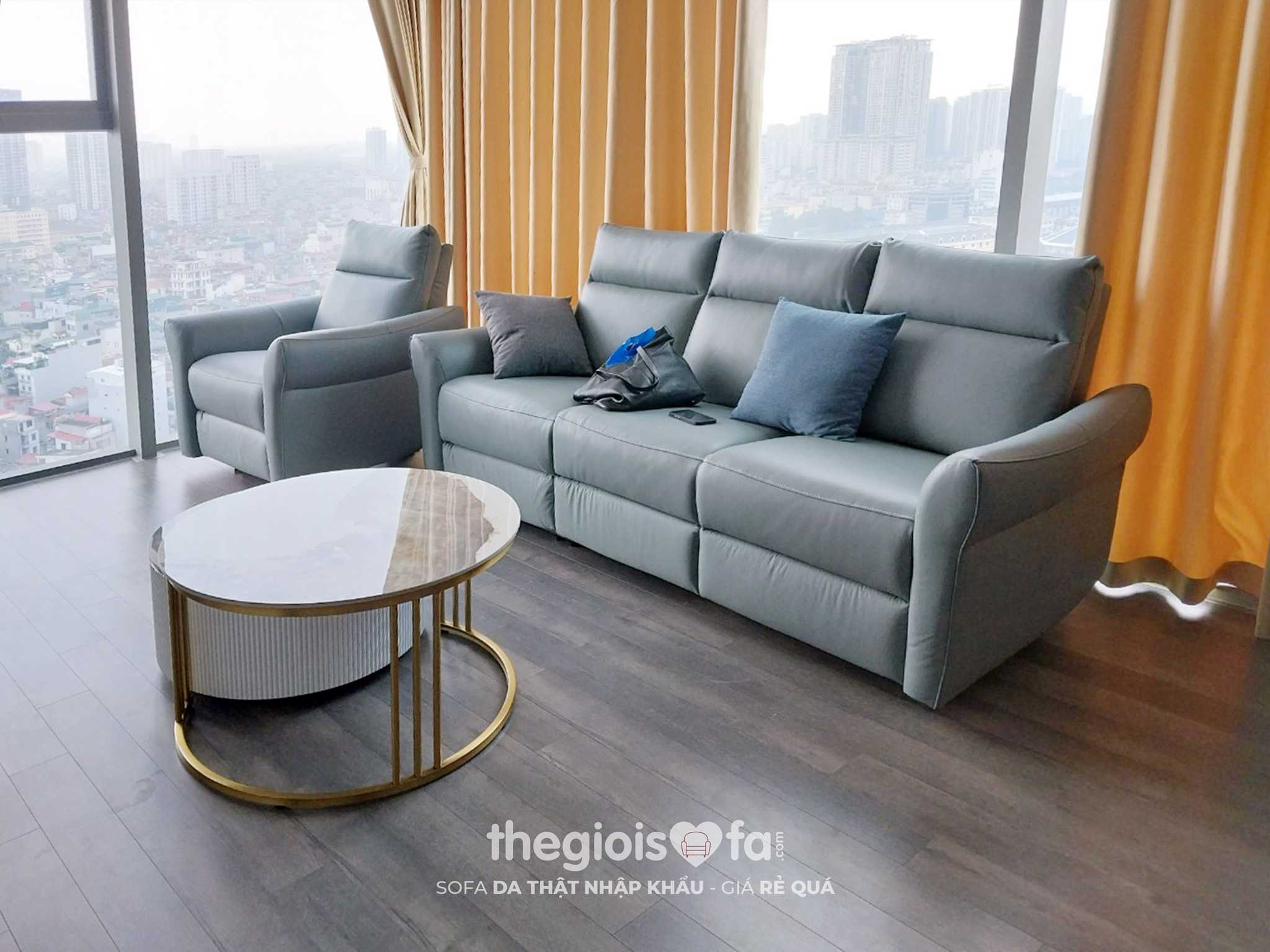 Ghế Sofa văng/băng điện 3 chỗ (điện bên phải) Kuka KG136 Da bò thật tiếp xúc màu xanh nhạt 222x92x98