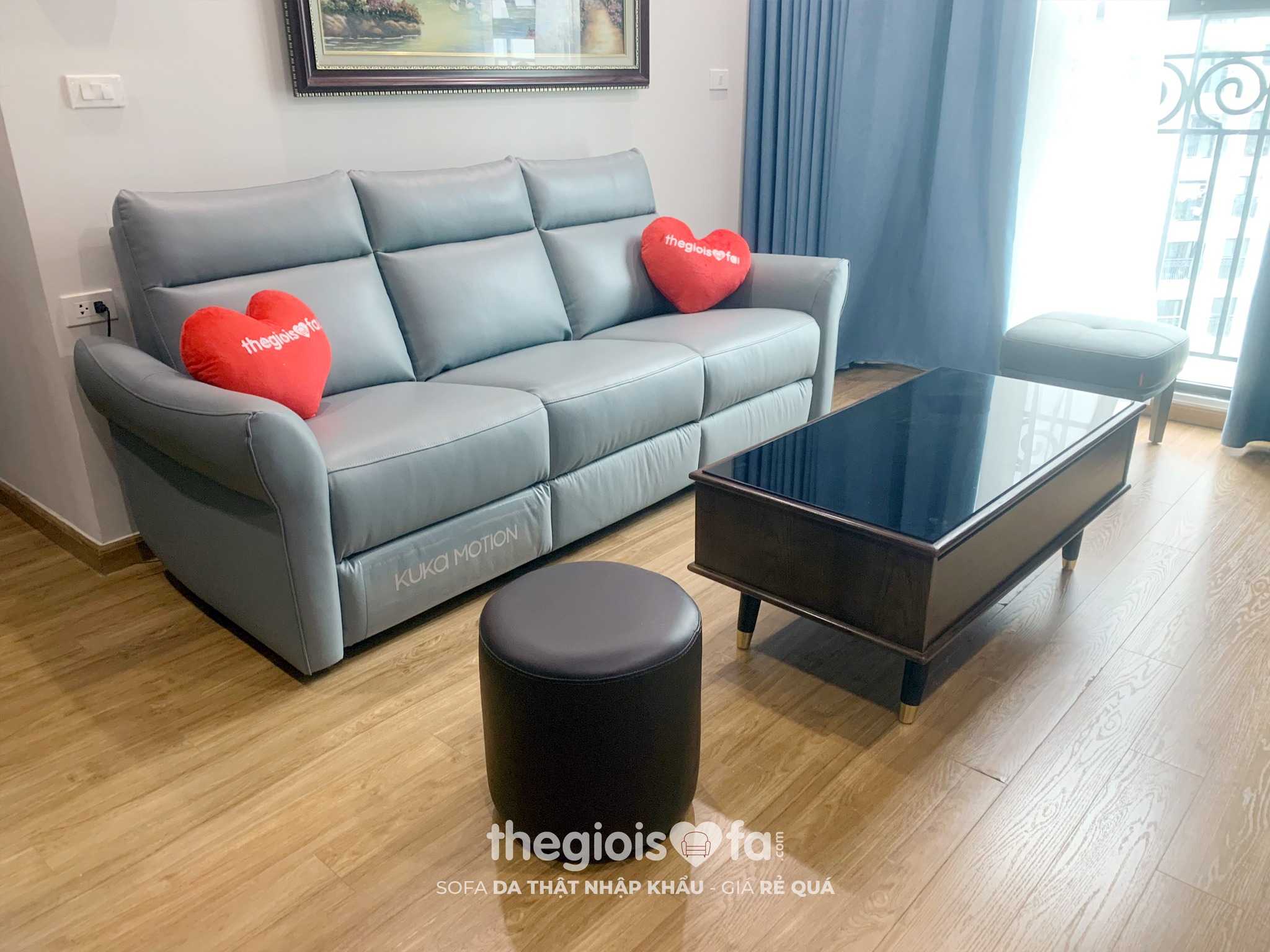 Ghế Sofa văng/băng điện 3 chỗ (điện bên phải) Kuka KG136 Da bò thật tiếp xúc màu xanh nhạt 222x92x98