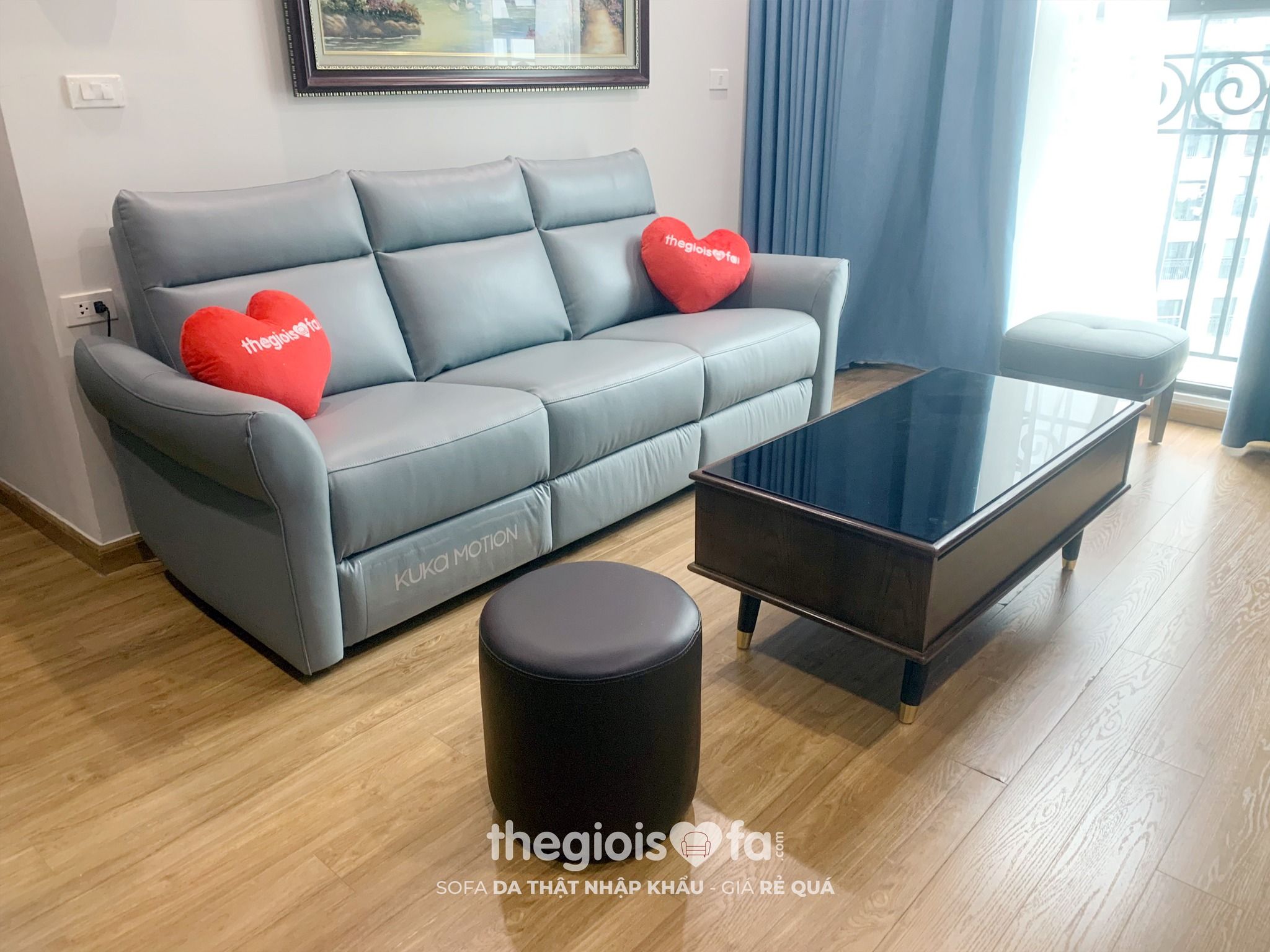 Ghế Sofa văng/băng điện 3 chỗ (điện bên phải) Kuka KG136 Da bò thật tiếp xúc màu xanh nhạt 222x92x98