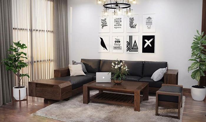 Sofa Gỗ Sồi Sơn Màu Óc Chó Sang Trọng Và Tinh Tế Cho Phòng Khách