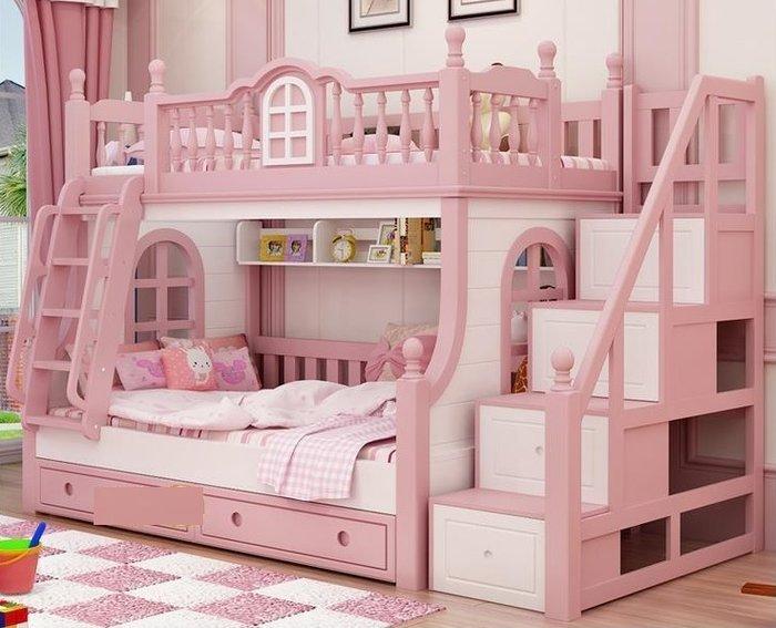 mẫu giường ngủ tầng màu hồng 