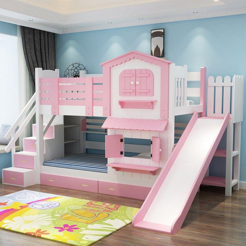 mẫu giường ngủ tầng màu hồng 