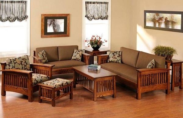 Trang trí nội thất phòng khách bằng gỗ với bàn ghế