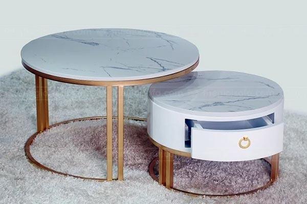 Bàn trà đôi Halo White mặt đá sang trọng