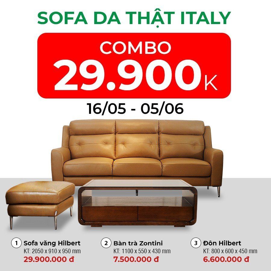 Combo Sofa văng + Đôn Hilbert + bàn trà Zotini – Tiết kiệm lên tới 14.100.000 đ